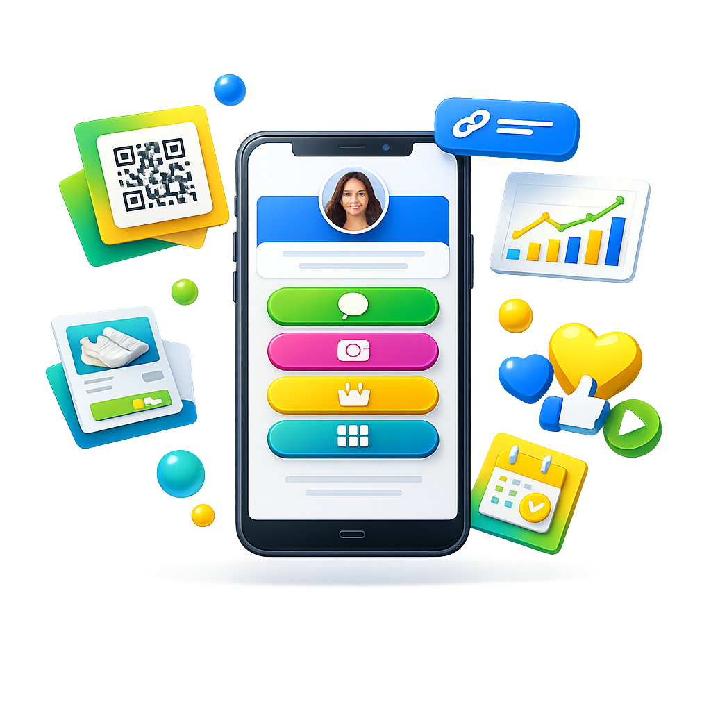 Mockup de bio link, QR Code, analytics e cards de campanha do MeulinkBio