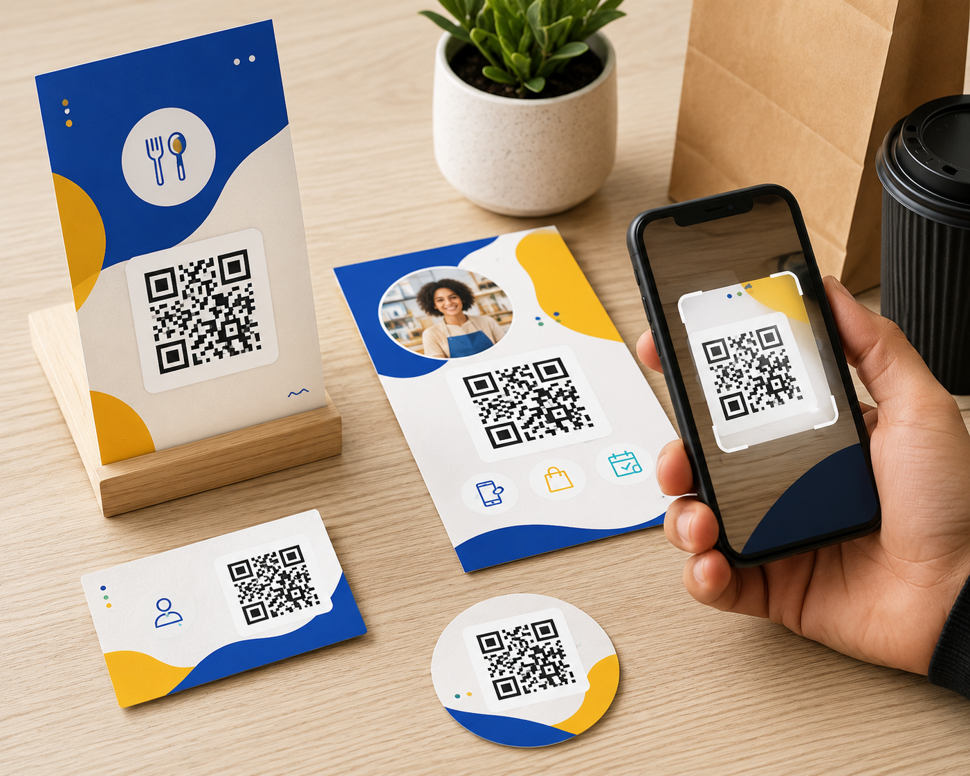 Materiais impressos com QR Code editável sendo escaneado pelo celular