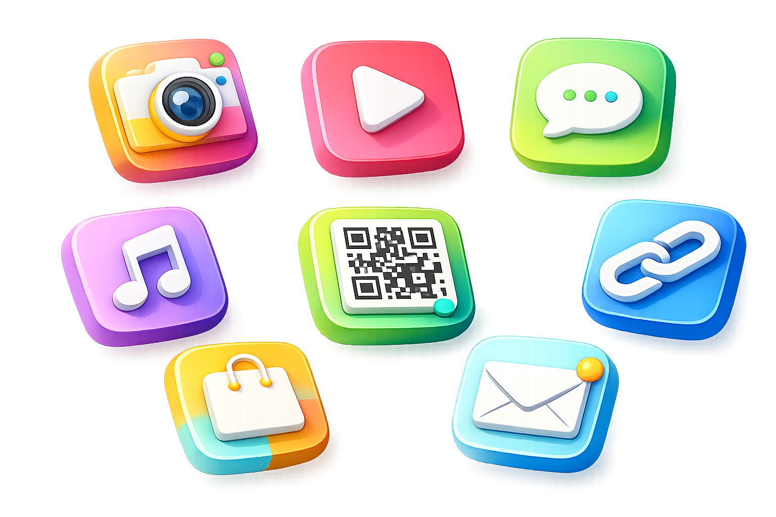 Ícones de canais digitais, QR Code e link curto para compartilhar a bio